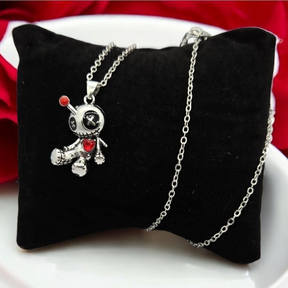 Voodoo Doll Pendant Silver Necklace Creepy Gothic Horror Goth Curse Red Pin